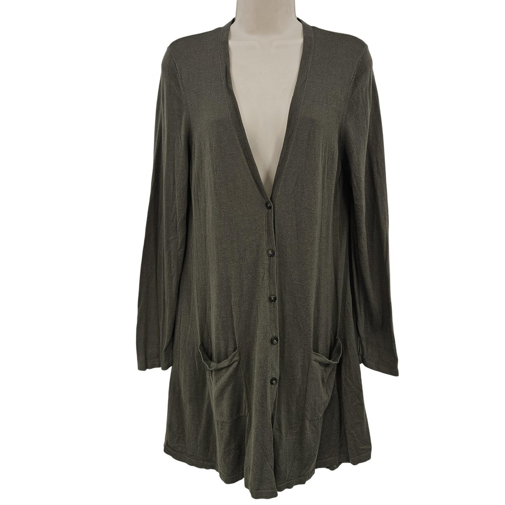 J. Jill Cardigan Sweater Women M Olive Green Long Line Pockets Preppy Comfort